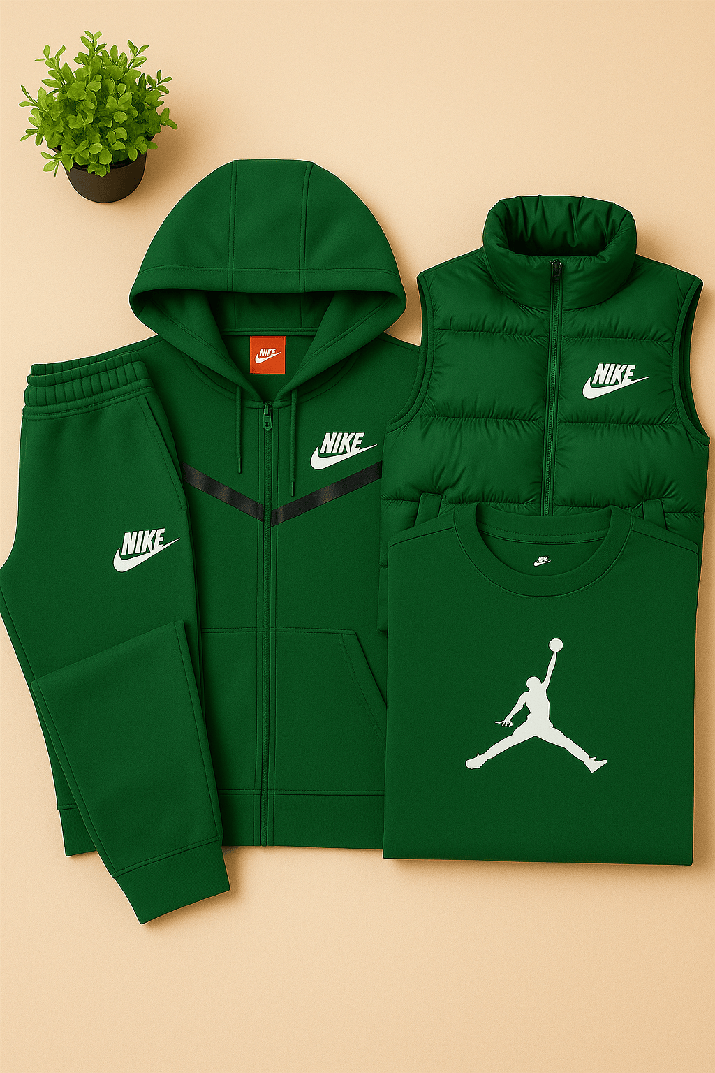 NK™ – Completo grigio 4 pezzi: felpa con cappuccio, joggers, piumino smanicato e T-shirt